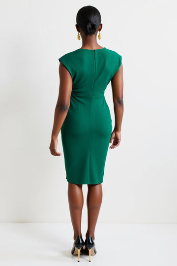 One Shoulder Ruched Green Bodycon Midi Work Dress